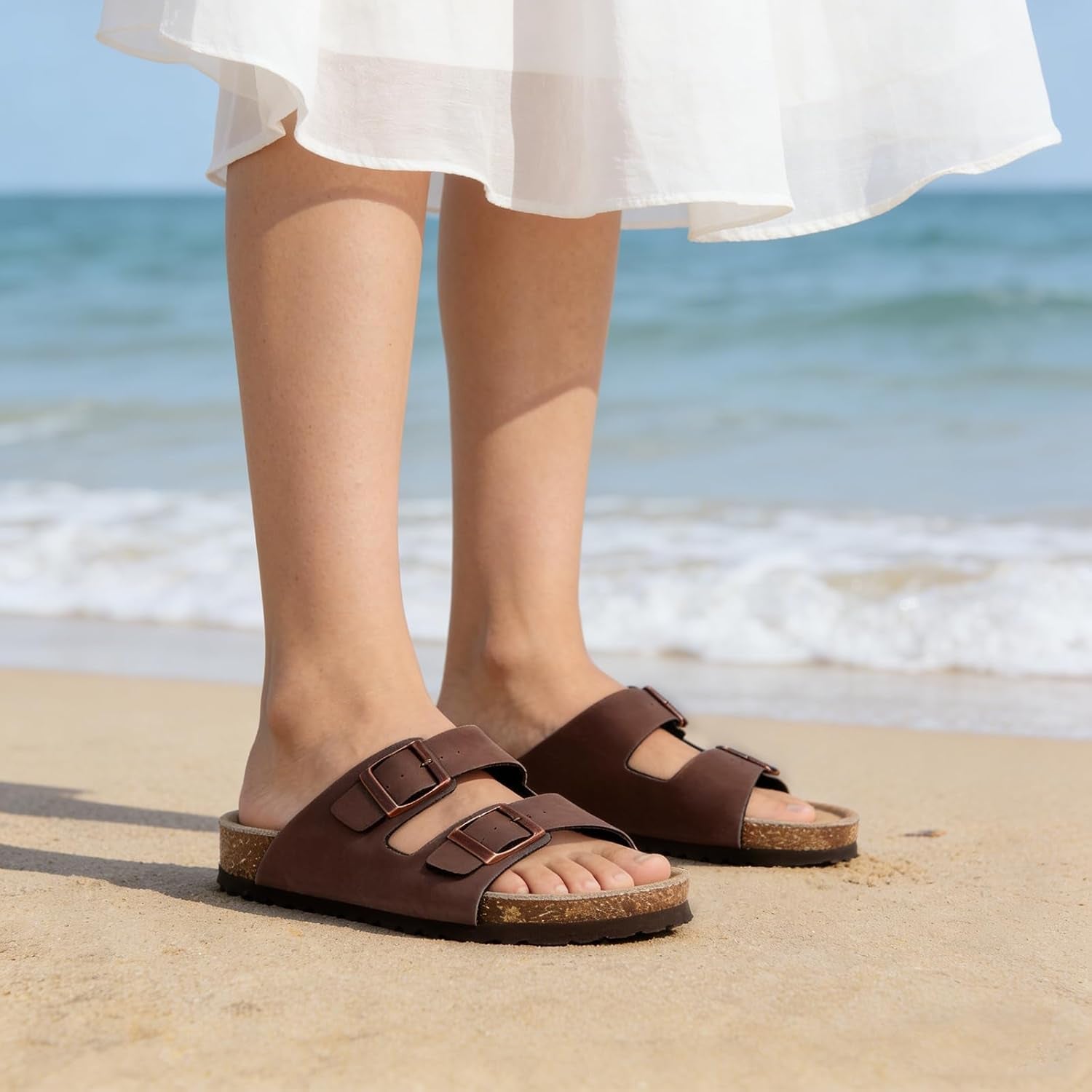 Women’s Cork Footbed Slide Sandals – Adjustable Buckle Arch Support Summer Sandals