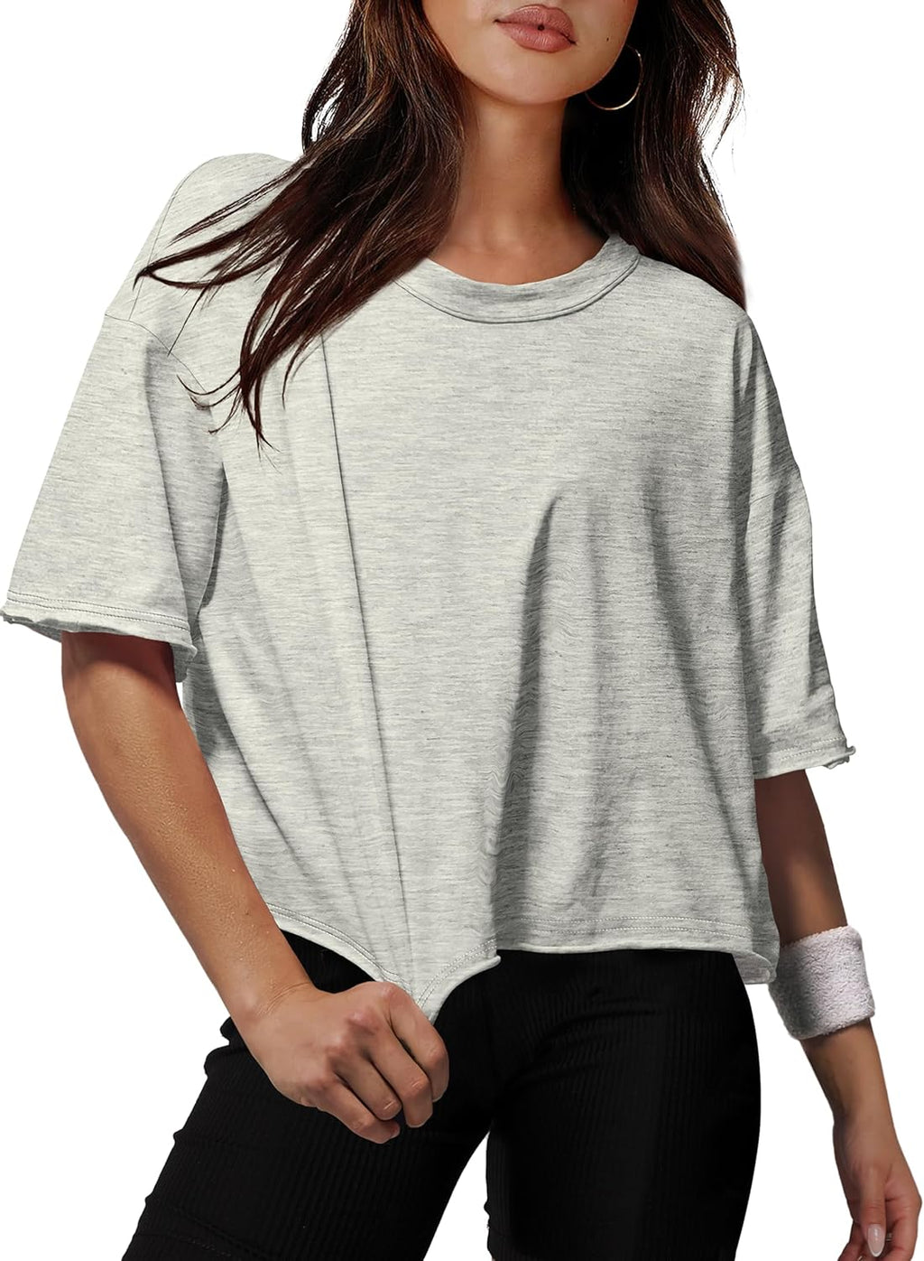 Cotton Tshirts for Women Drop Shoulder round Neck Oversized Crop Tops Workout Tops Tees