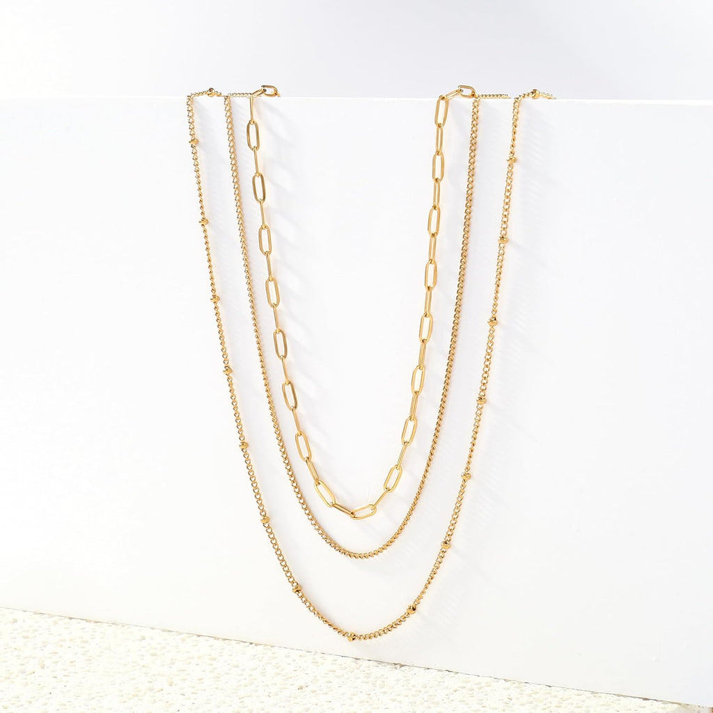 Waterproof Layered Gold Necklace – 14K Gold Plated Dainty Chain Set for Women