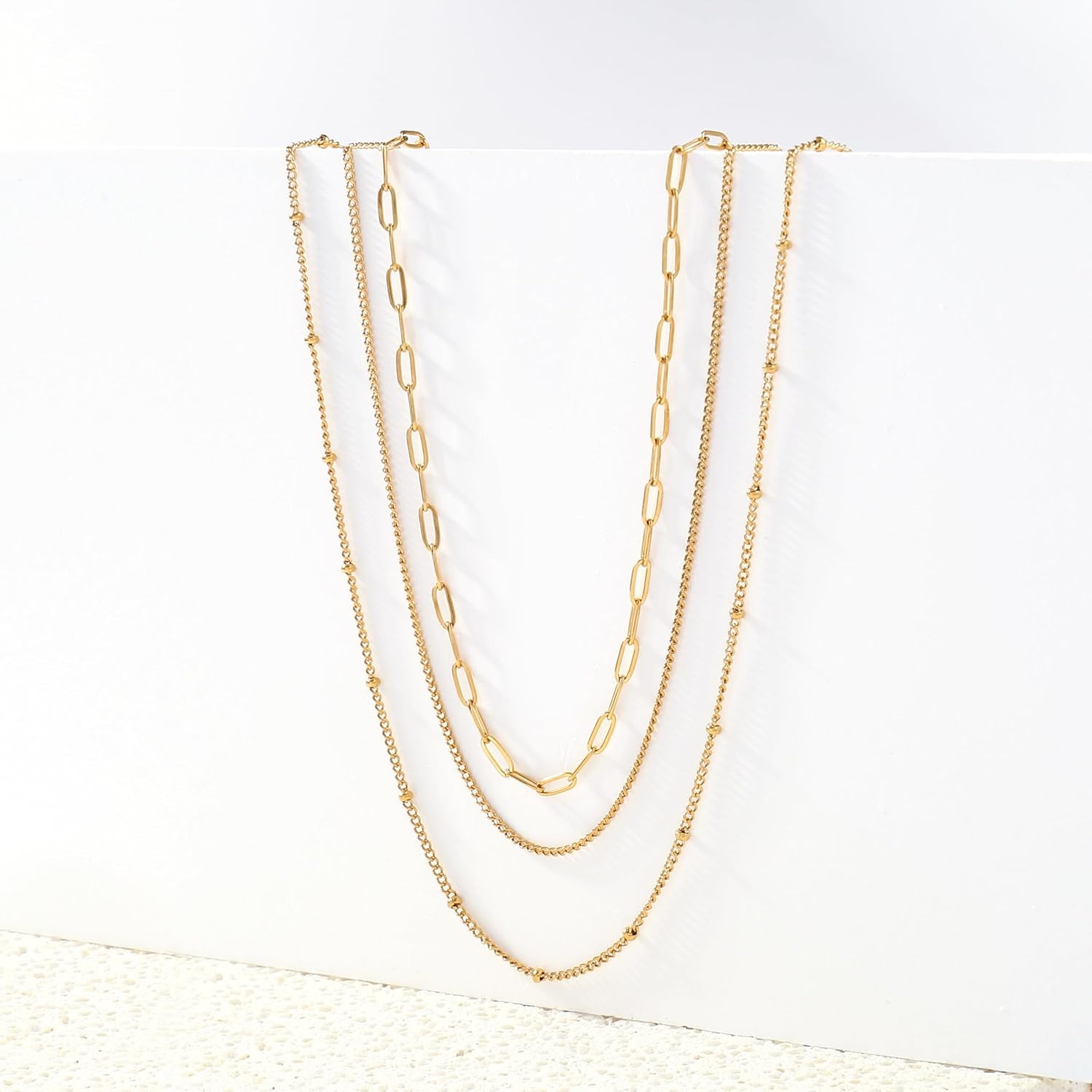 Waterproof Layered Gold Necklace – 14K Gold Plated Dainty Chain Set for Women