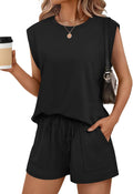 Women’s Summer Two-Piece Lounge Set – Cap Sleeve Crewneck Shorts Set with Pockets