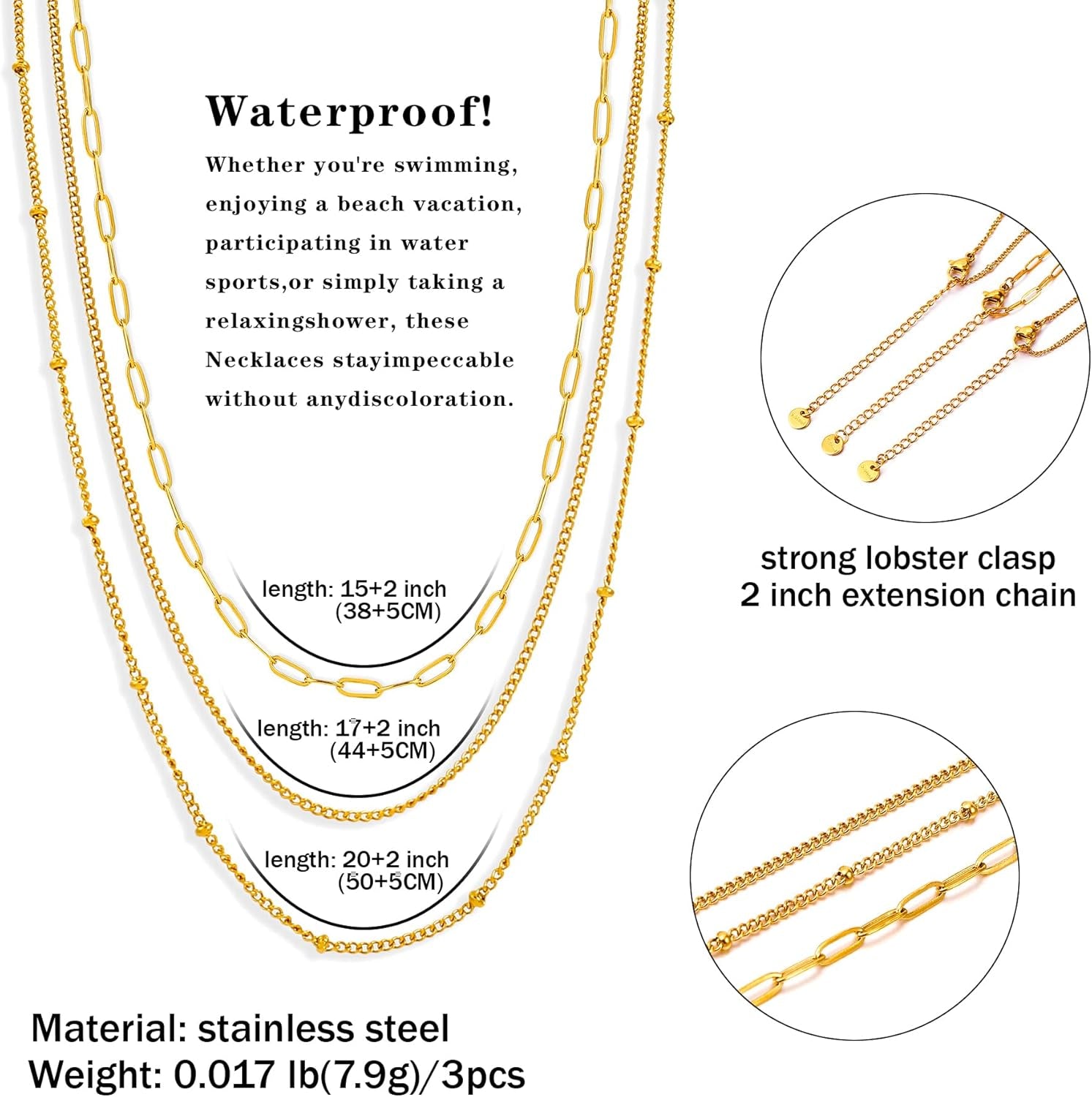 Waterproof Layered Gold Necklace – 14K Gold Plated Dainty Chain Set for Women