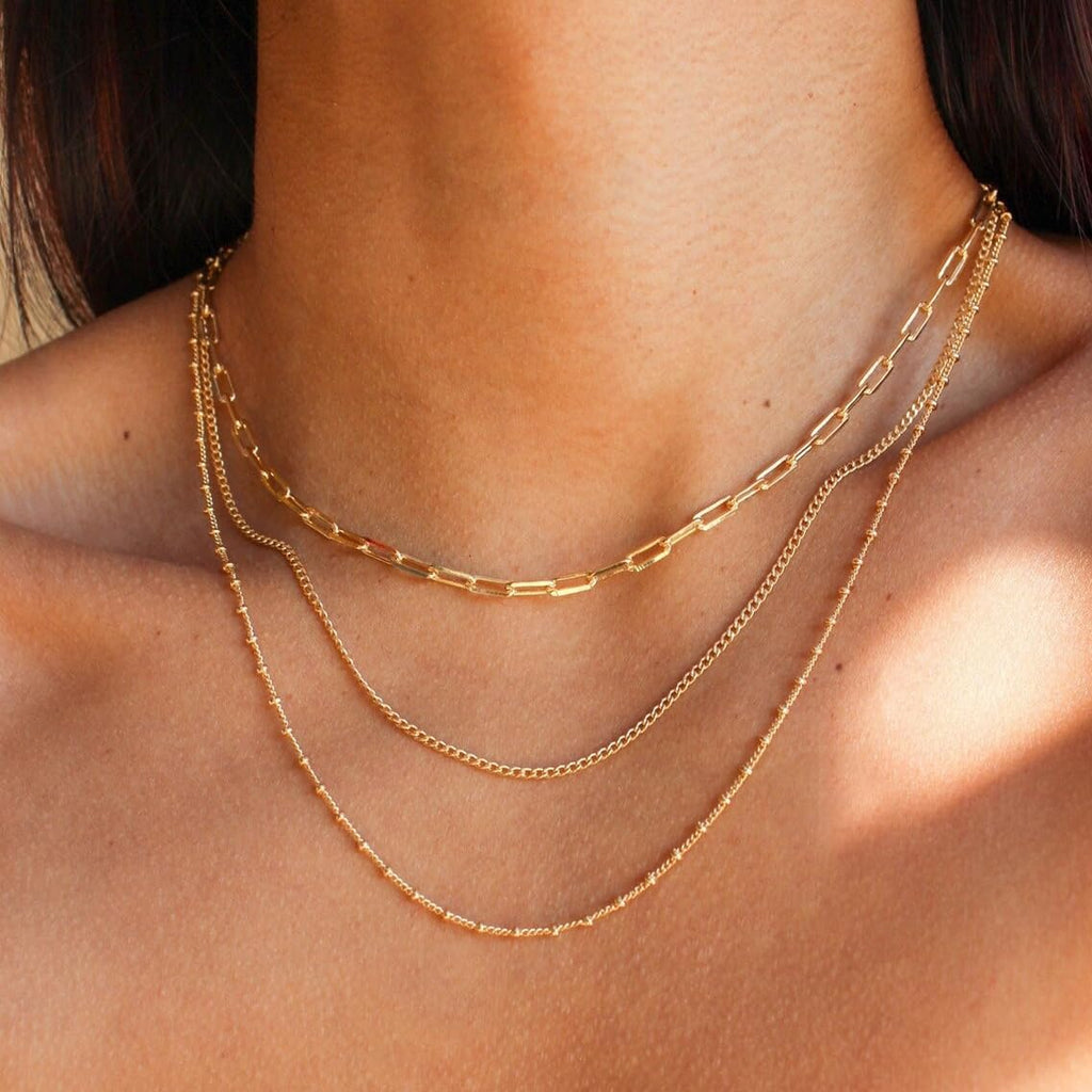 Waterproof Layered Gold Necklace – 14K Gold Plated Dainty Chain Set for Women