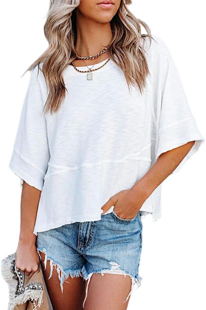 Women'S Summer Casual Crewneck Batwing Half Sleeve T-Shirts Solid Color Loose Fit Cute Basic Flowy Tops Tees Blouses