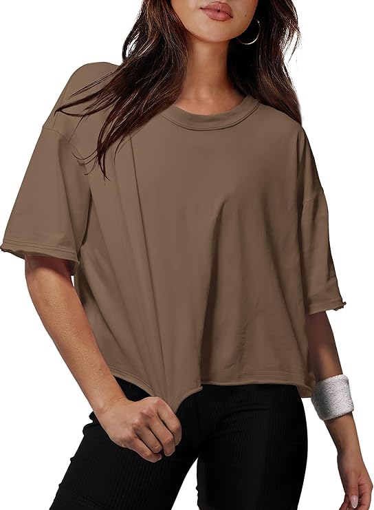 Cotton Tshirts for Women Drop Shoulder round Neck Oversized Crop Tops Workout Tops Tees