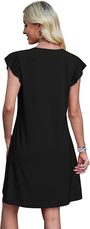 Women’s Casual Ruffle Sleeve V-Neck Swing Dress – Summer Sundress with Pockets
