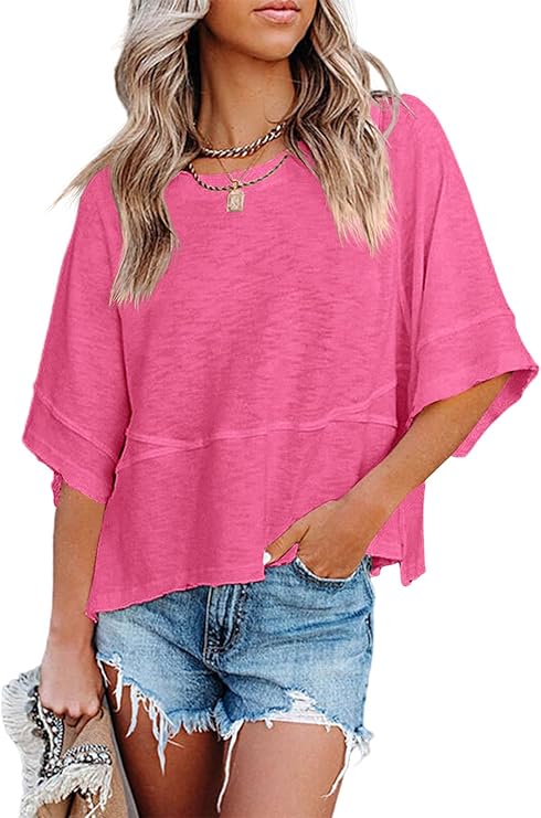 Women'S Summer Casual Crewneck Batwing Half Sleeve T-Shirts Solid Color Loose Fit Cute Basic Flowy Tops Tees Blouses