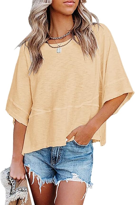 Women'S Summer Casual Crewneck Batwing Half Sleeve T-Shirts Solid Color Loose Fit Cute Basic Flowy Tops Tees Blouses