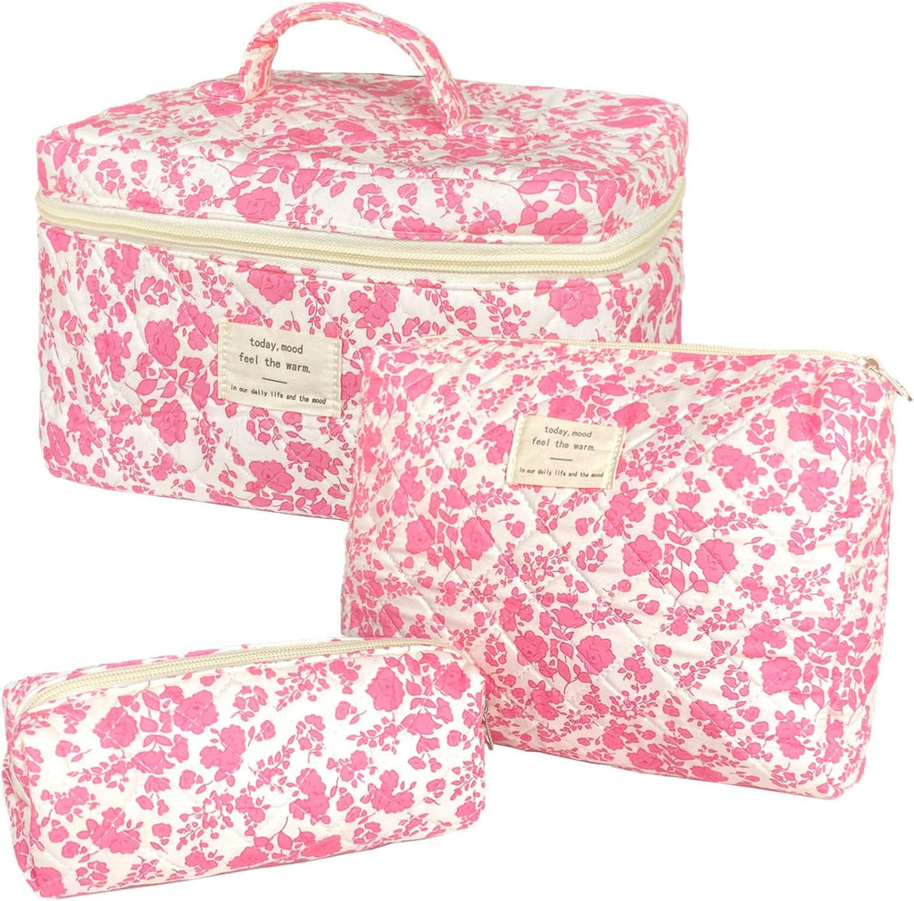 3-Piece Quilted Floral Makeup Bag Set – Cute Coquette Travel Cosmetic Organizer for Women