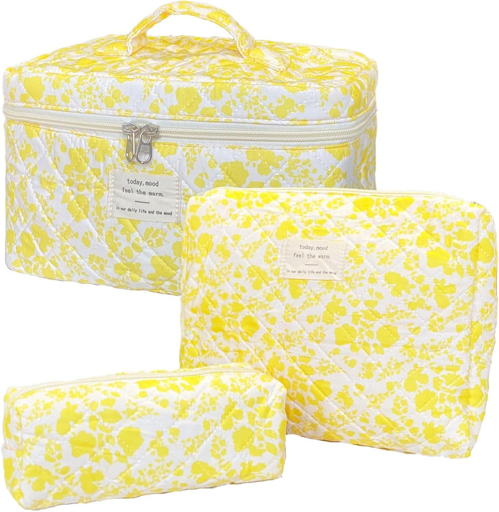3-Piece Quilted Floral Makeup Bag Set – Cute Coquette Travel Cosmetic Organizer for Women
