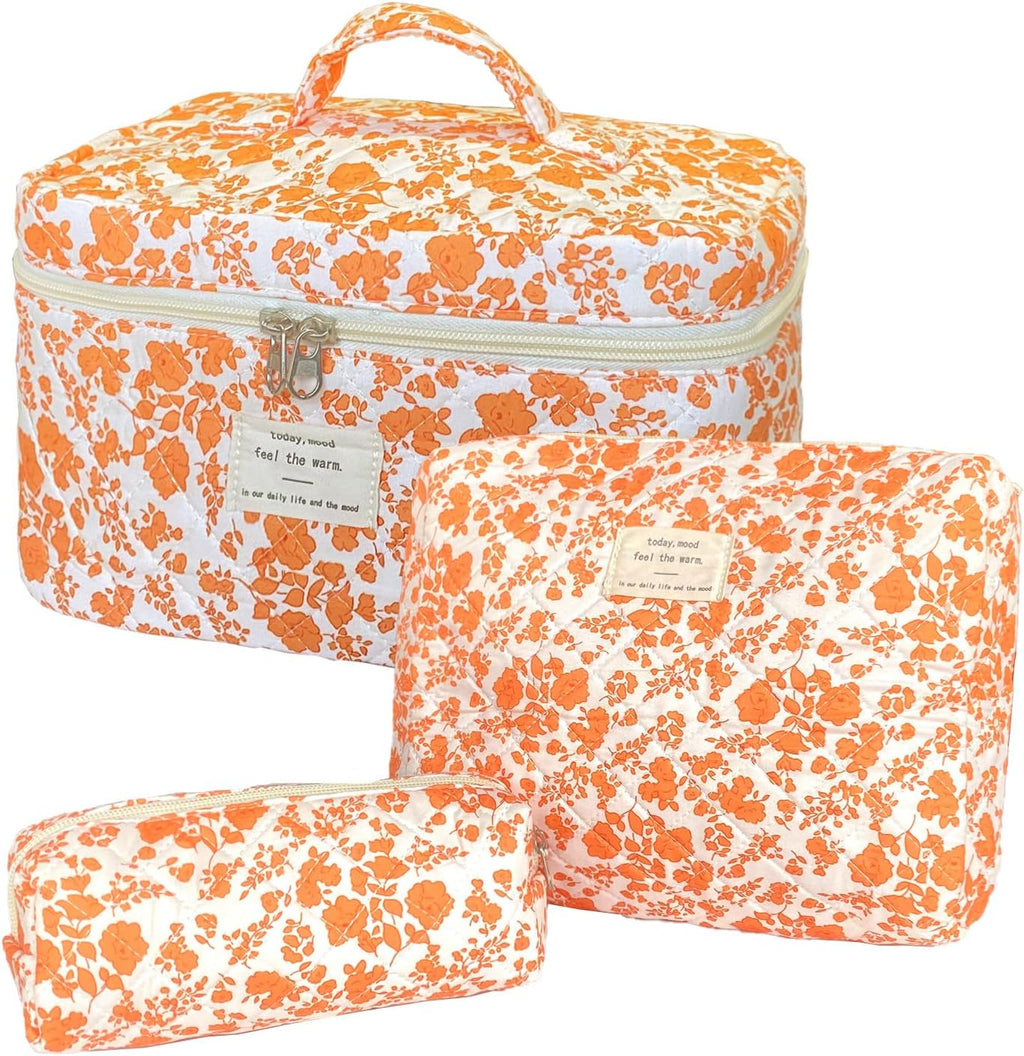 3-Piece Quilted Floral Makeup Bag Set – Cute Coquette Travel Cosmetic Organizer for Women