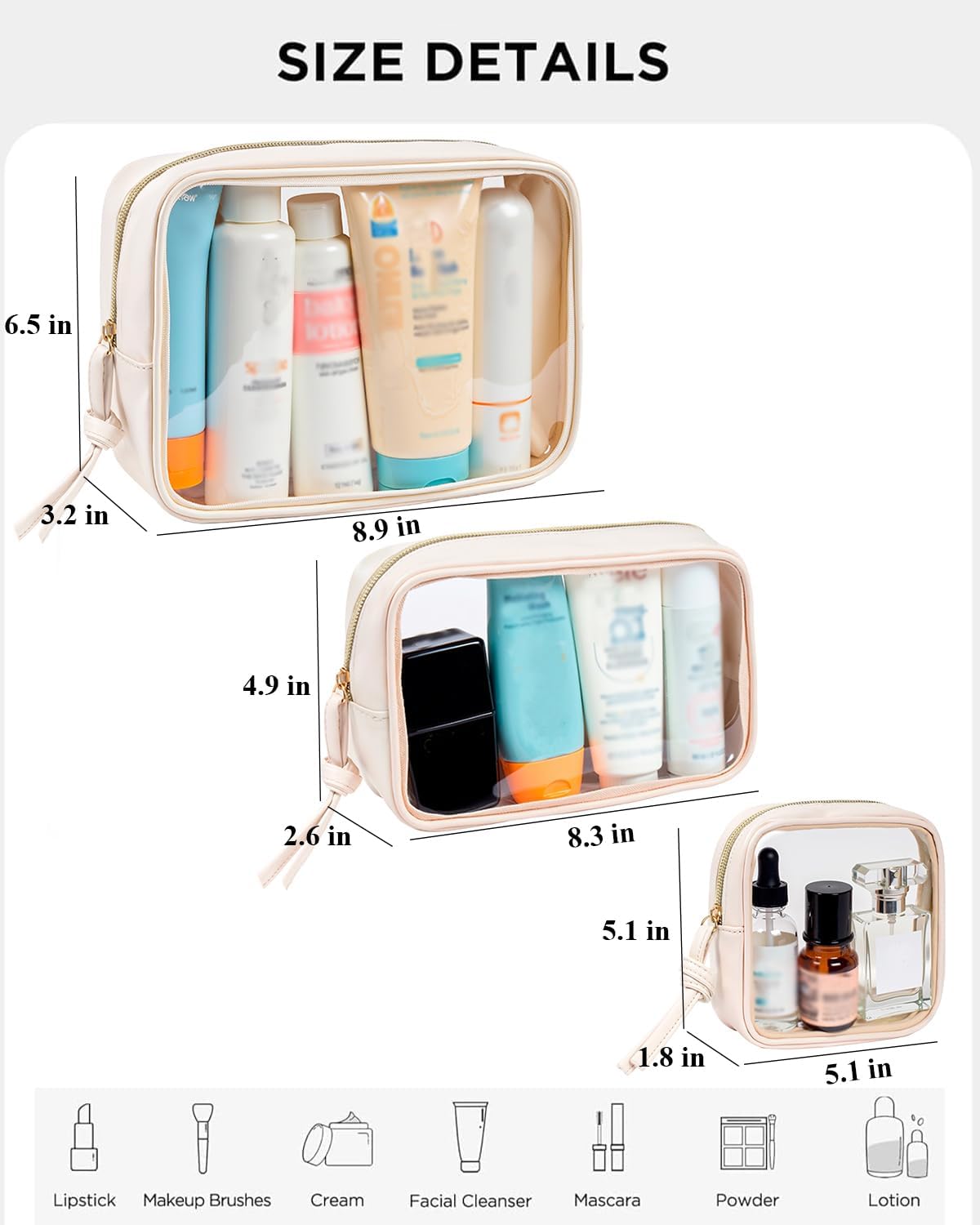 3-Piece Clear Travel Makeup Bag Set – Waterproof Transparent Toiletry Pouches