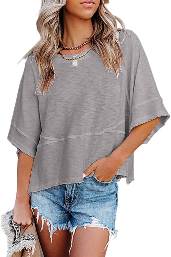 Women'S Summer Casual Crewneck Batwing Half Sleeve T-Shirts Solid Color Loose Fit Cute Basic Flowy Tops Tees Blouses