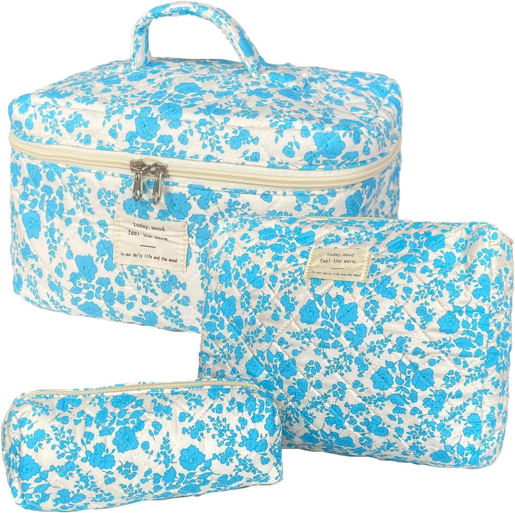 3-Piece Quilted Floral Makeup Bag Set – Cute Coquette Travel Cosmetic Organizer for Women