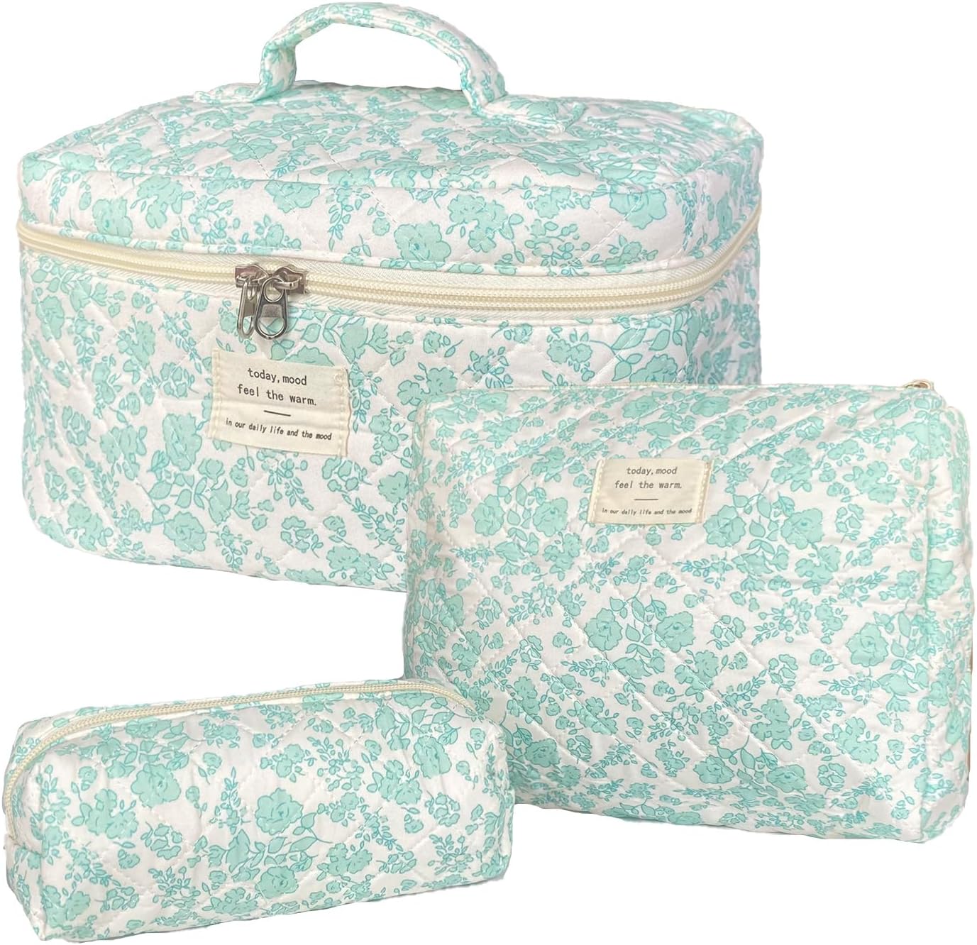 3-Piece Quilted Floral Makeup Bag Set – Cute Coquette Travel Cosmetic Organizer for Women