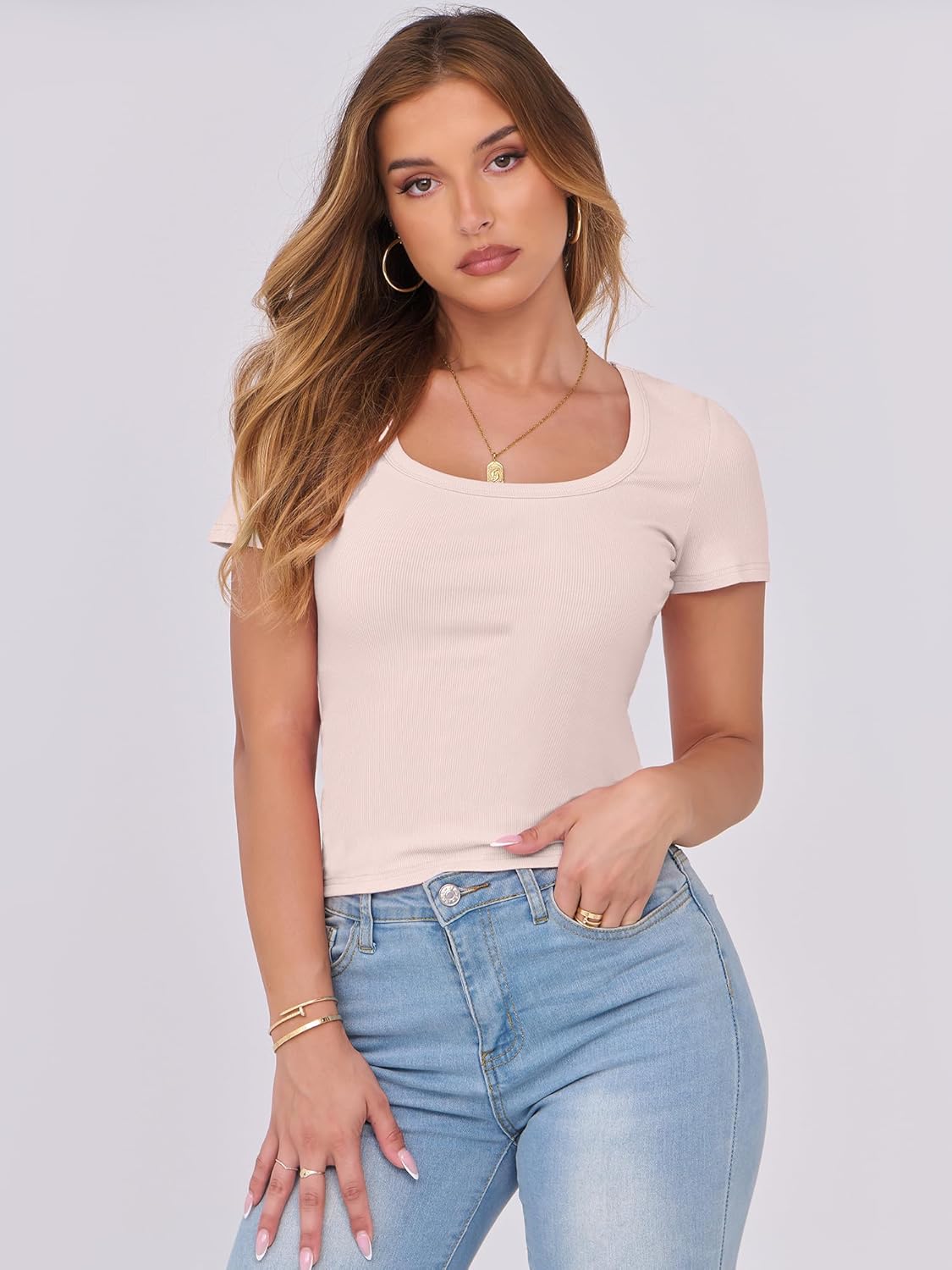 Women's Ribbed Scoop Neck Slim Fit Short Sleeve Top
