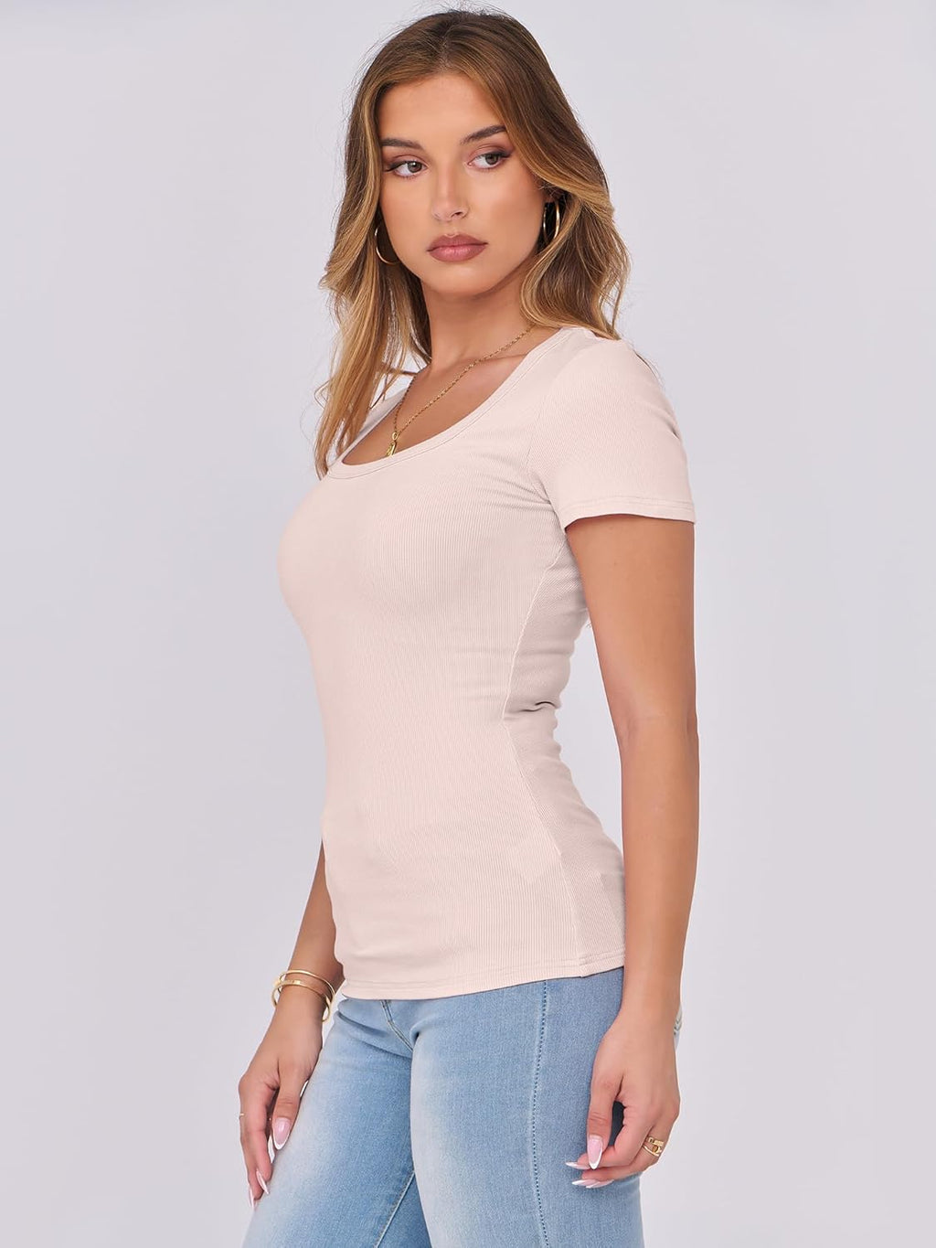 Women's Ribbed Scoop Neck Slim Fit Short Sleeve Top