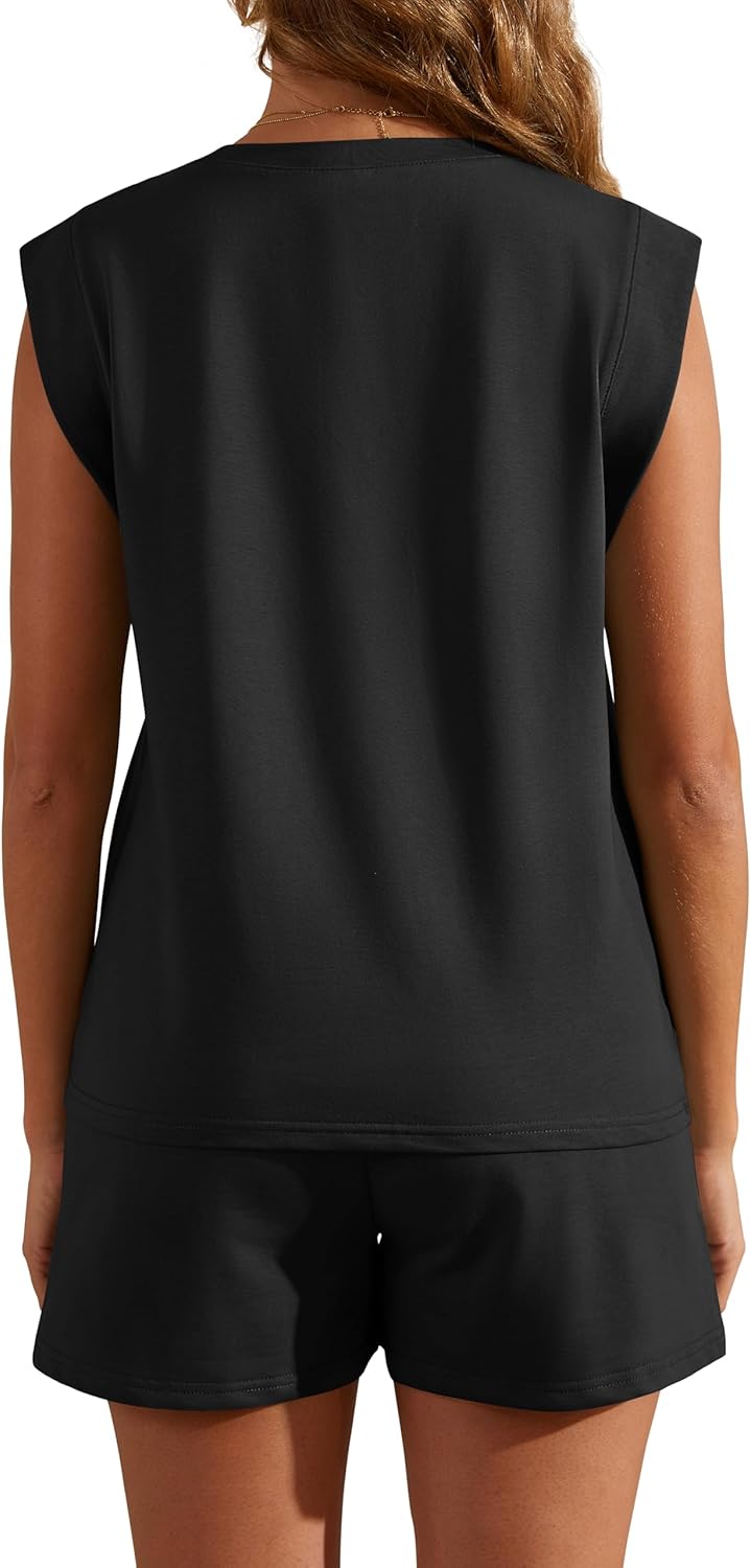 Women’s Summer Two-Piece Lounge Set – Cap Sleeve Crewneck Shorts Set with Pockets