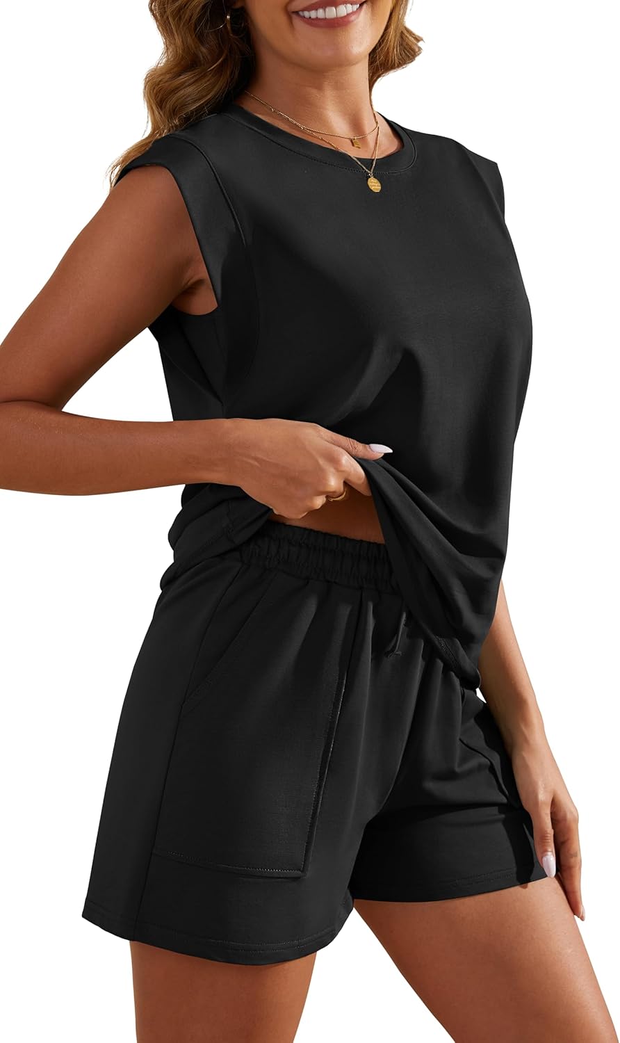 Women’s Summer Two-Piece Lounge Set – Cap Sleeve Crewneck Shorts Set with Pockets
