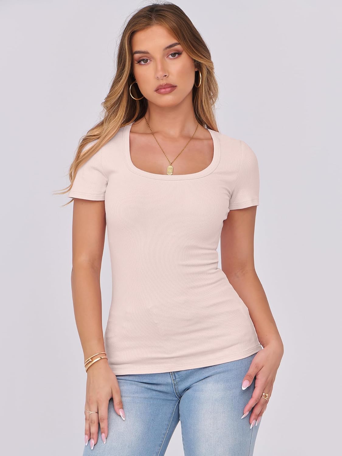 Women's Ribbed Scoop Neck Slim Fit Short Sleeve Top