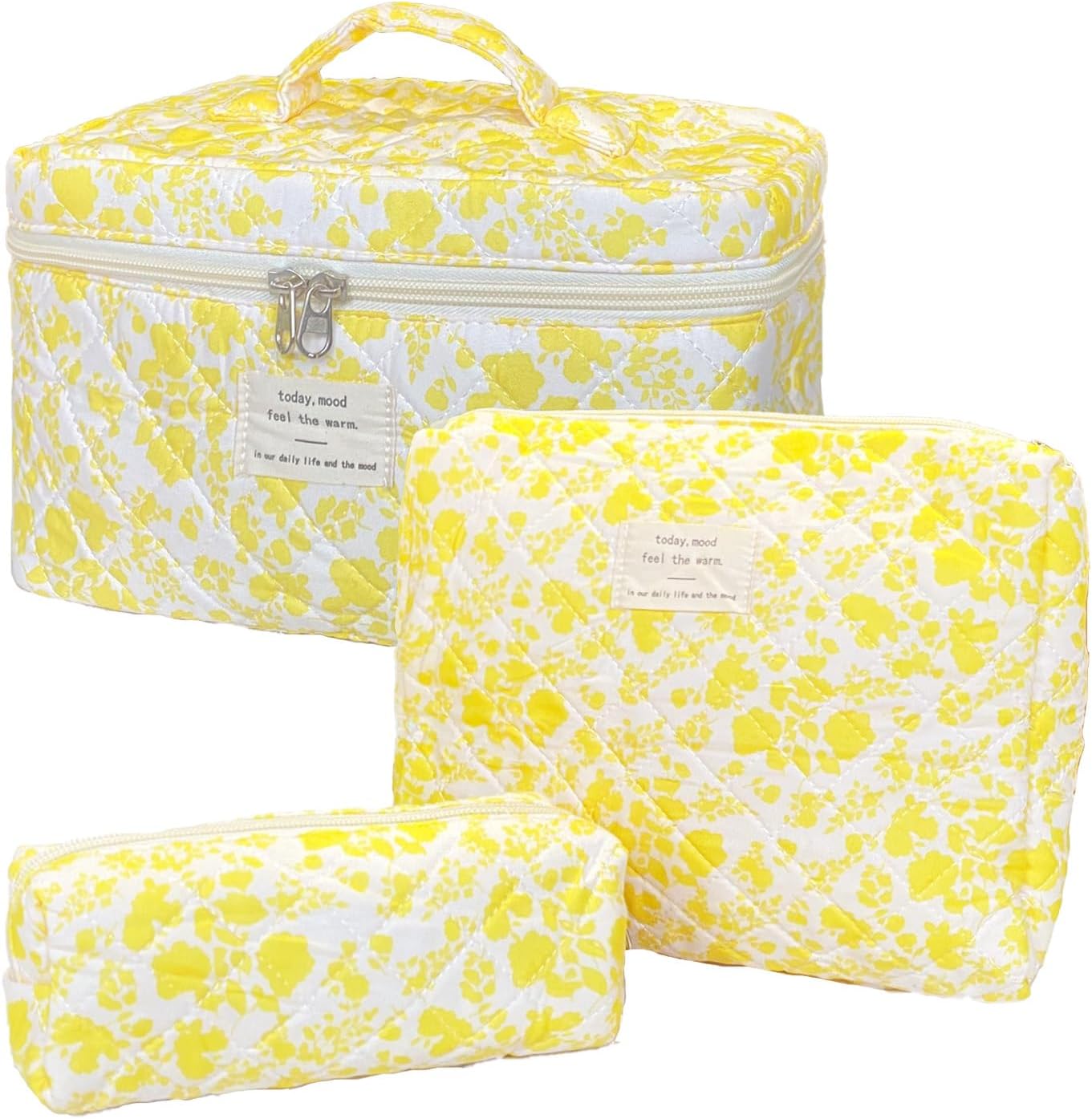3-Piece Quilted Floral Makeup Bag Set – Cute Coquette Travel Cosmetic Organizer for Women