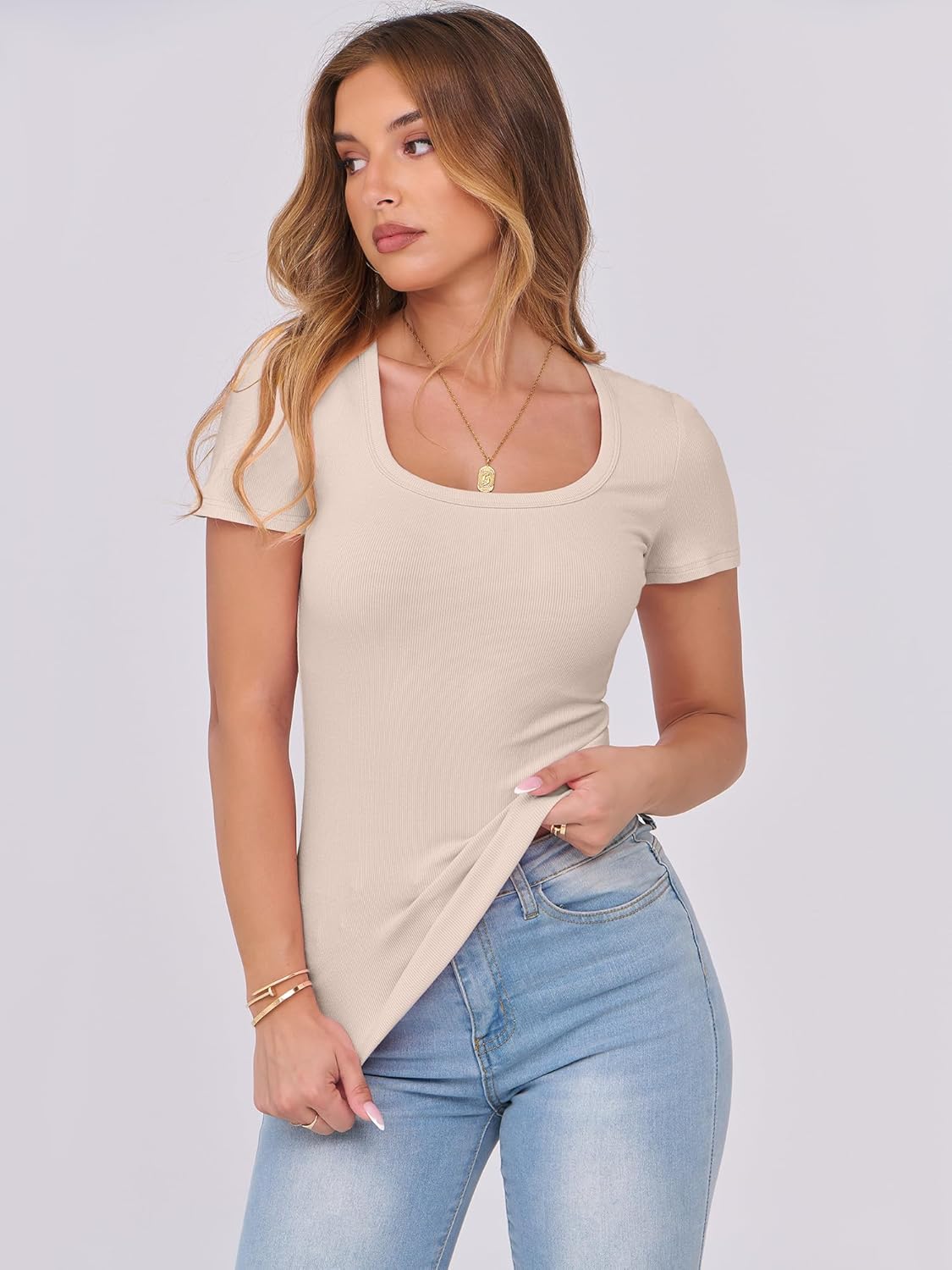 Women's Ribbed Scoop Neck Slim Fit Short Sleeve Top