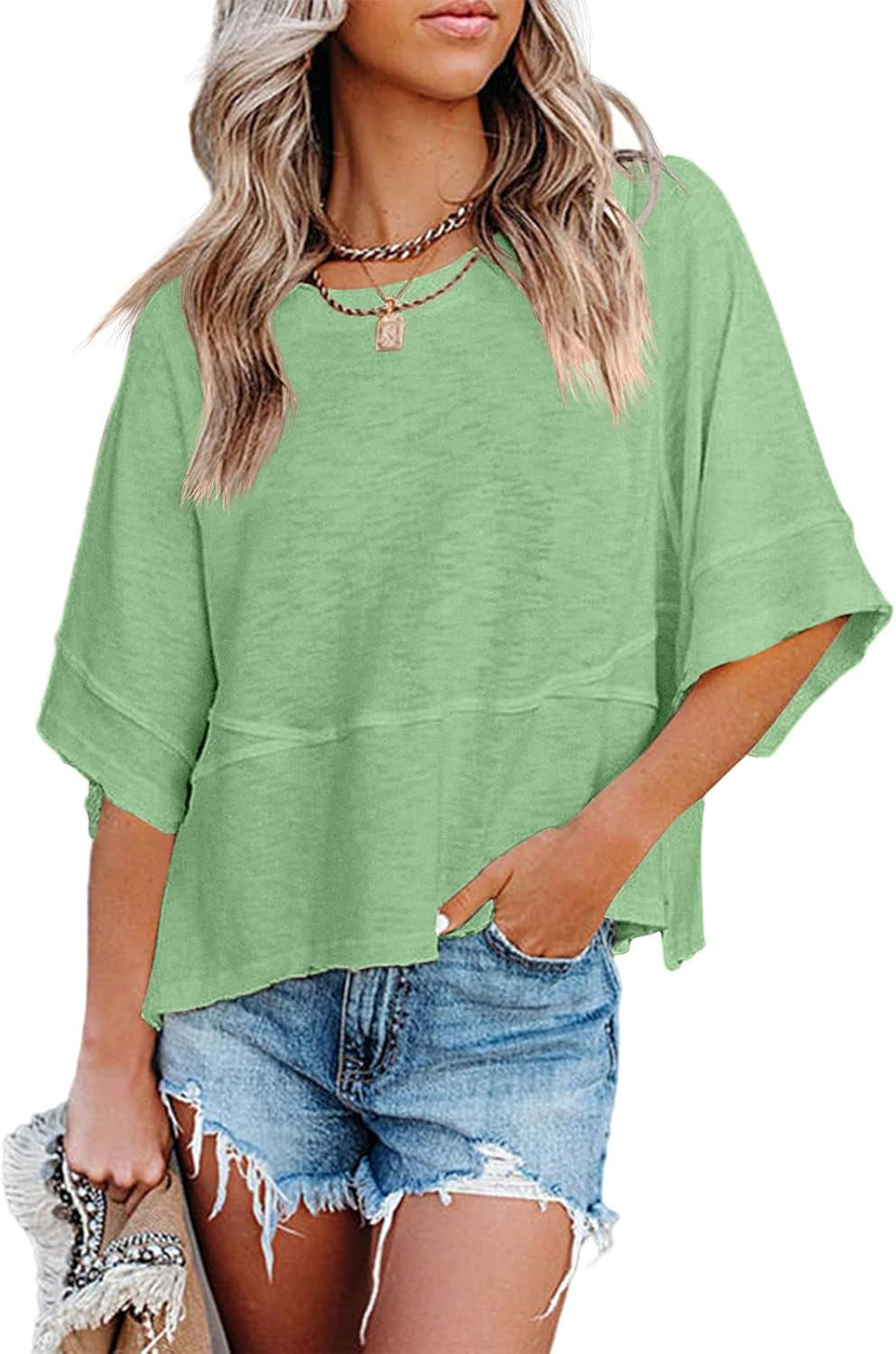 Women'S Summer Casual Crewneck Batwing Half Sleeve T-Shirts Solid Color Loose Fit Cute Basic Flowy Tops Tees Blouses