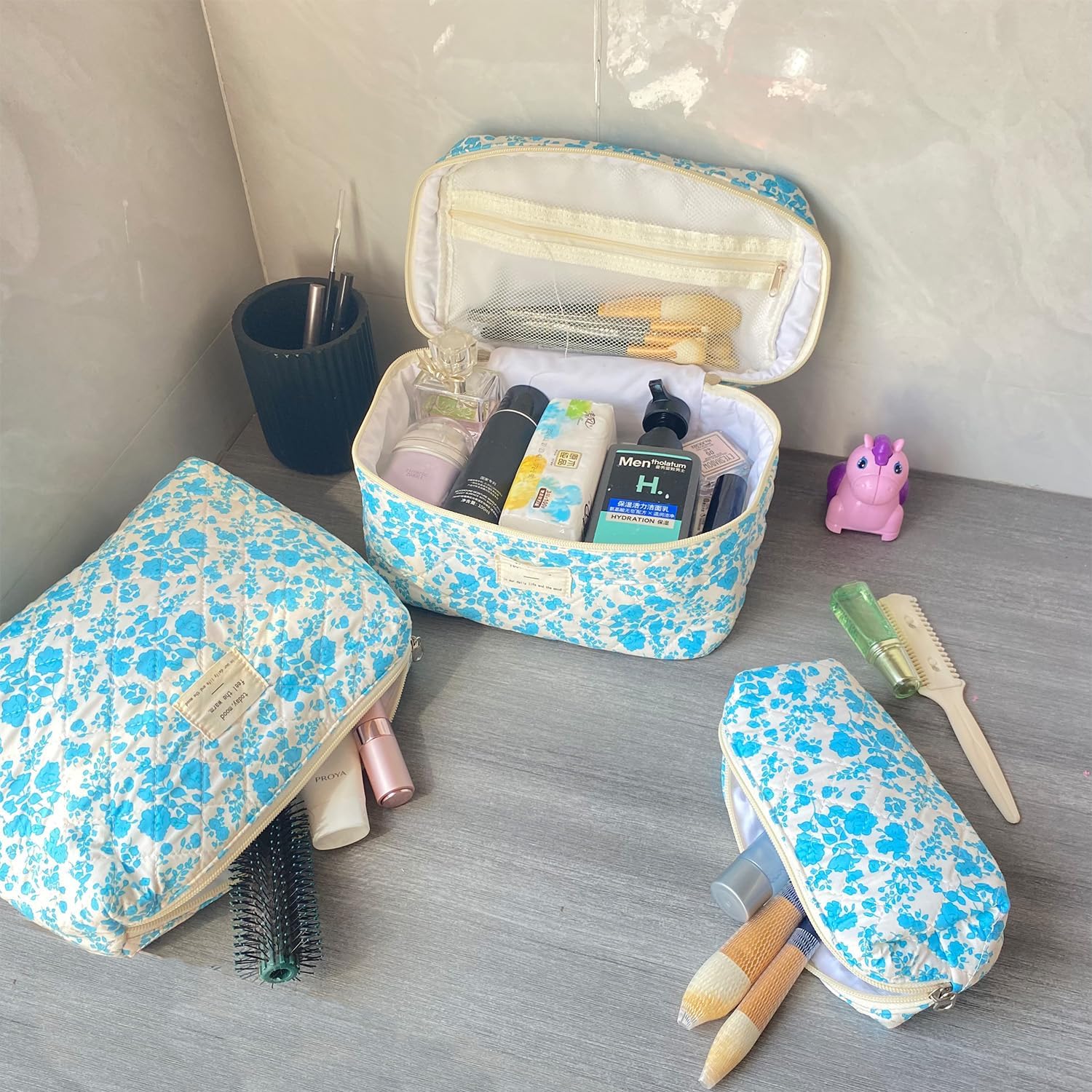 3-Piece Quilted Floral Makeup Bag Set – Cute Coquette Travel Cosmetic Organizer for Women