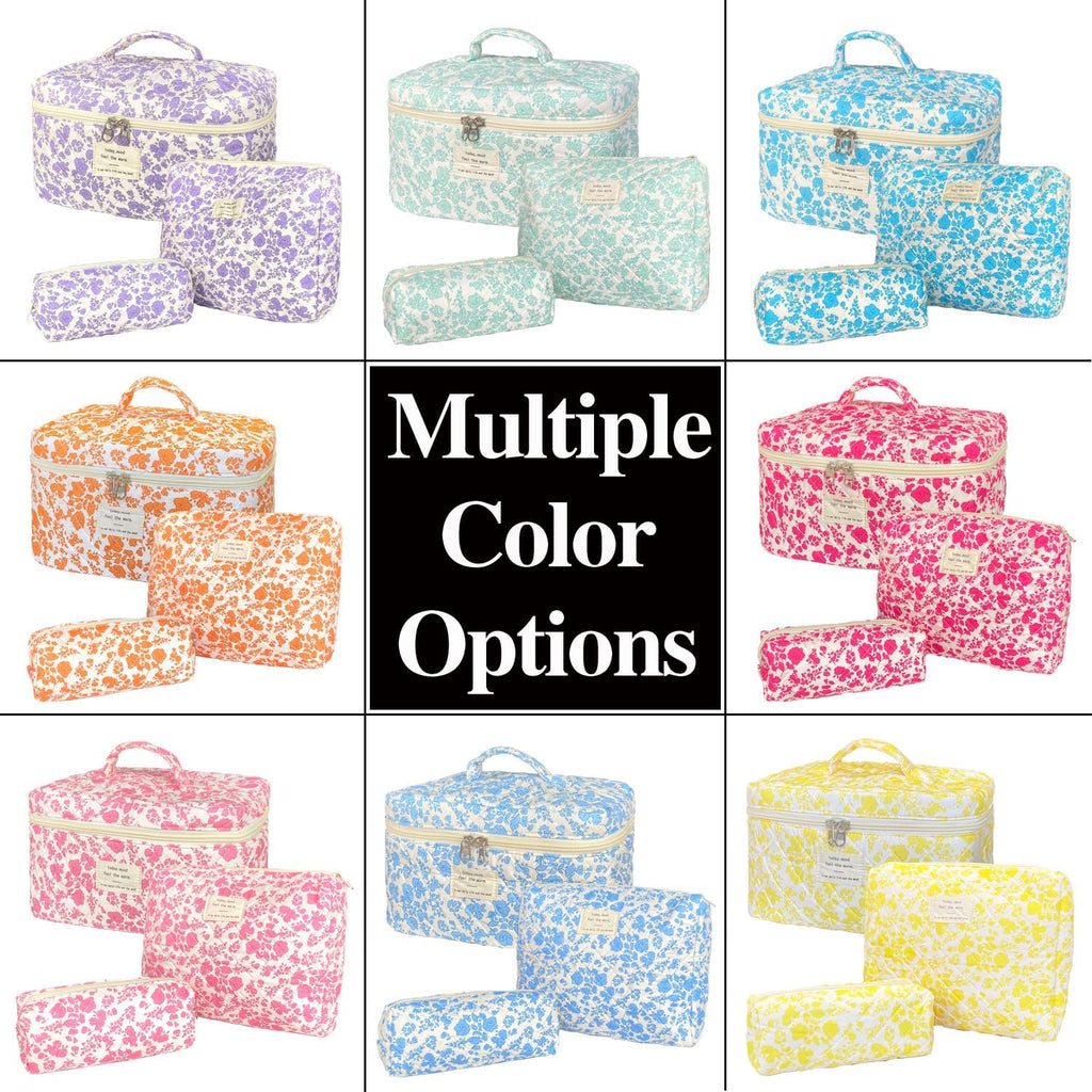3-Piece Quilted Floral Makeup Bag Set – Cute Coquette Travel Cosmetic Organizer for Women