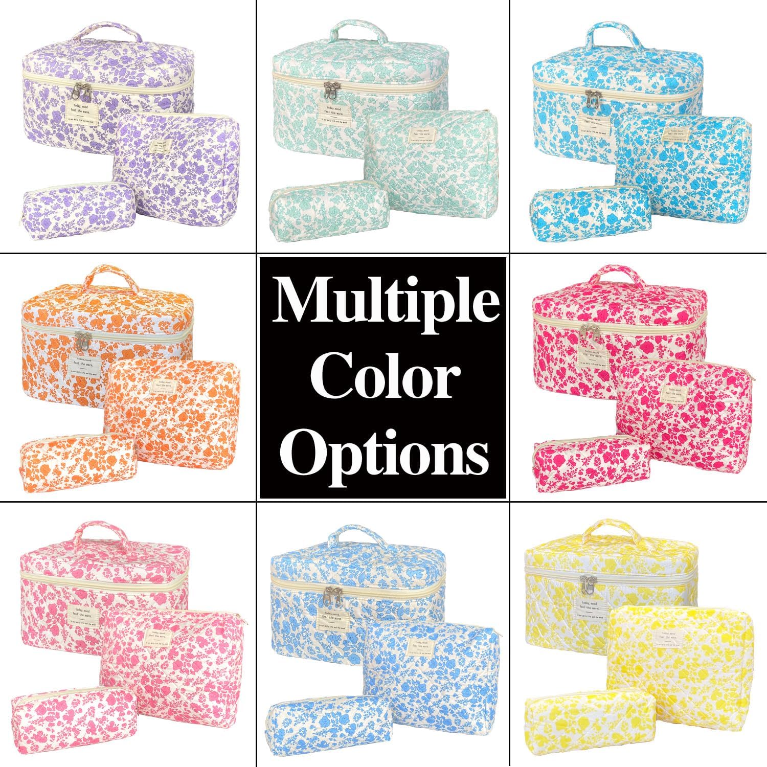 3-Piece Quilted Floral Makeup Bag Set – Cute Coquette Travel Cosmetic Organizer for Women