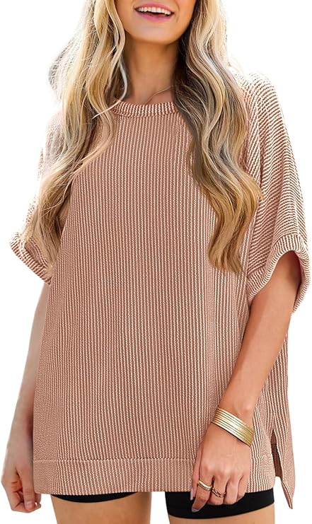 Women's Oversized Ribbed Batwing Sleeve Tunic Top