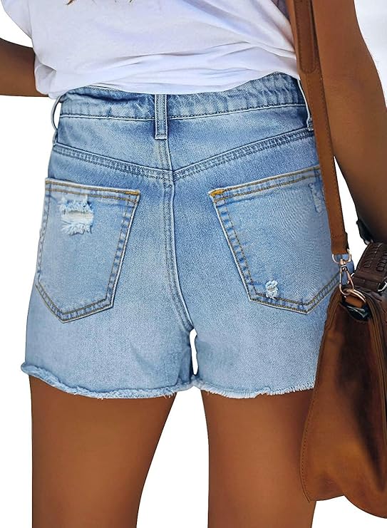 Women’s High-Waisted Stretch Denim Jean Shorts – Ripped Summer Shorts with Pockets
