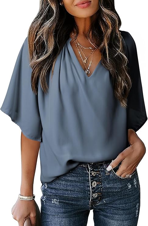 Women’s Chiffon Blouse – V-Neck 3/4 Sleeve Casual Top