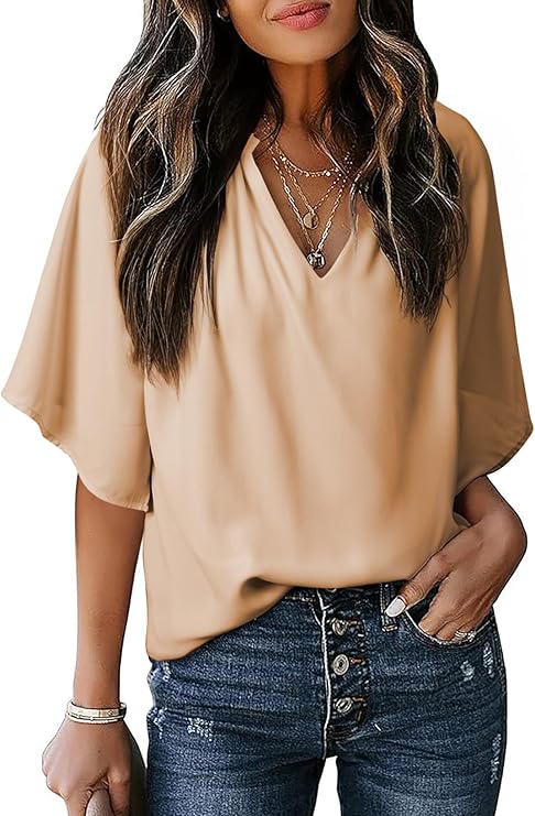 Women’s Chiffon Blouse – V-Neck 3/4 Sleeve Casual Top