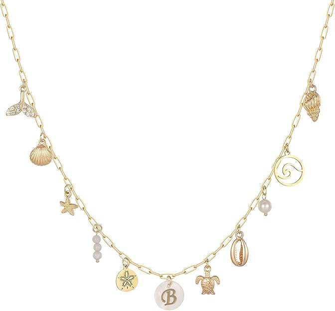 Gold Initial Charm Necklace – Dainty Shell & Starfish Letter Pendant for Women