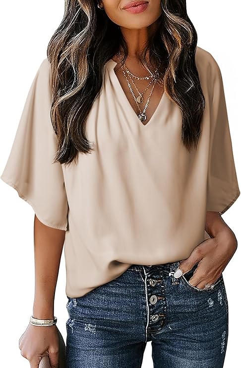 Women’s Chiffon Blouse – V-Neck 3/4 Sleeve Casual Top