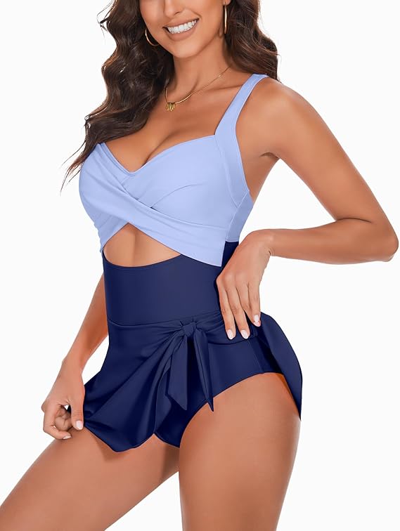 Women’s Tummy Control Swimsuit – One Piece Criss Cross Tie-Back Swimsuit