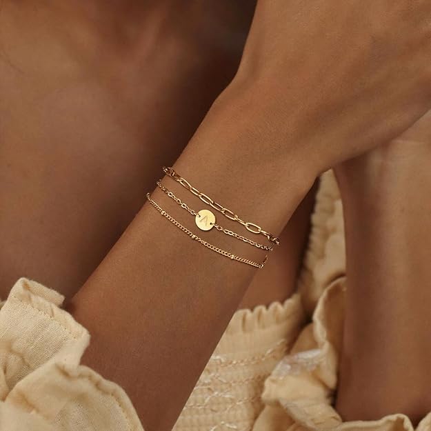 Gold Initial Bracelet – 18K Gold Plated Letter Charm Bracelet for Women