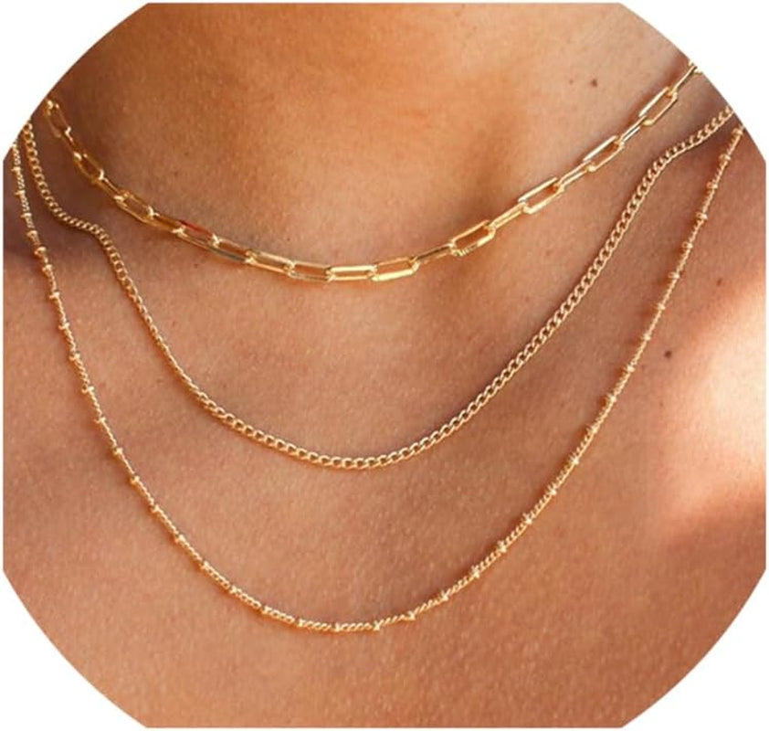 Waterproof Layered Gold Necklace – 14K Gold Plated Dainty Chain Set for Women