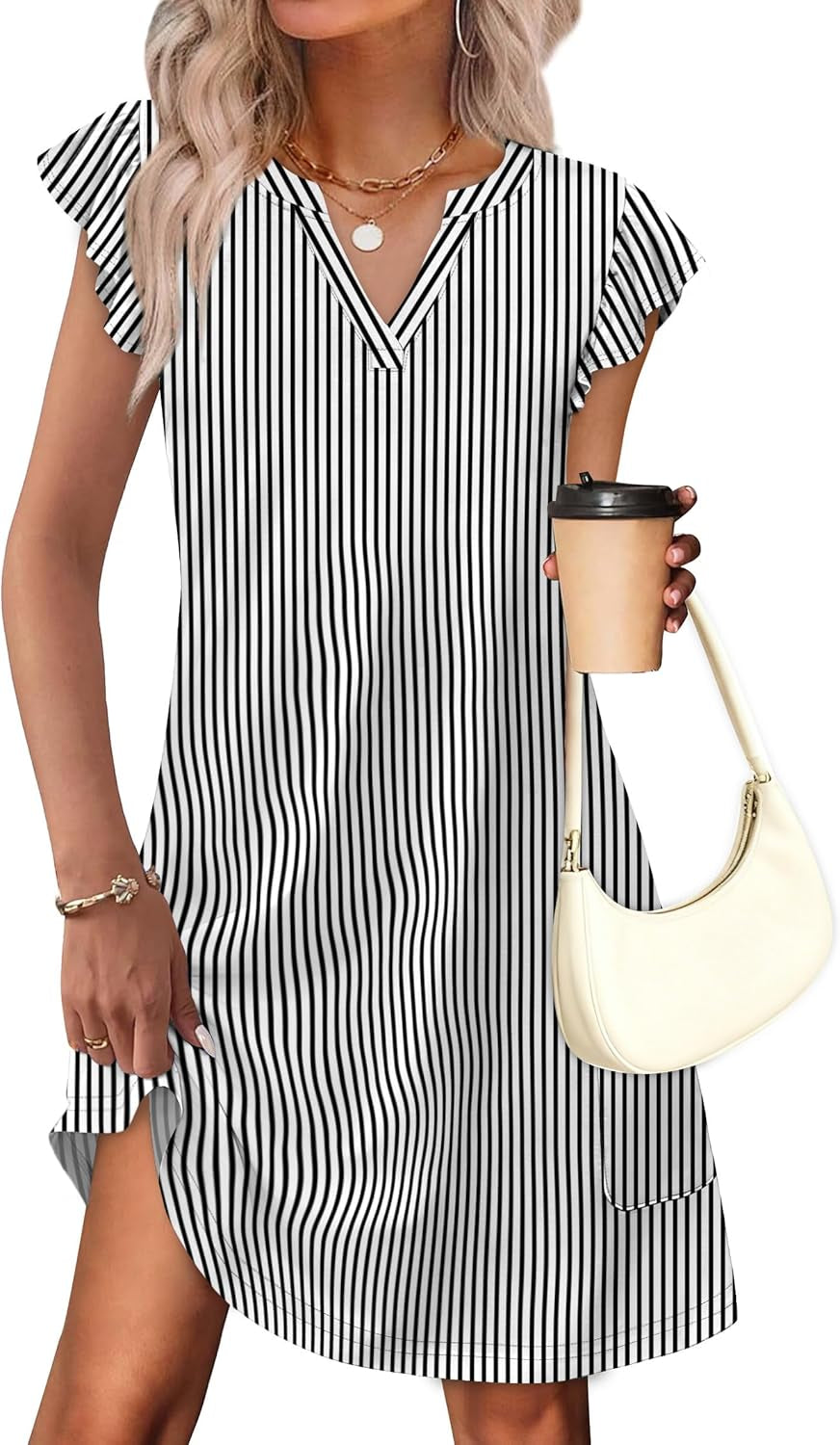 Women’s Casual Ruffle Sleeve V-Neck Swing Dress – Summer Sundress with Pockets