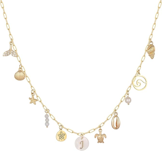 Gold Initial Charm Necklace – Dainty Shell & Starfish Letter Pendant for Women