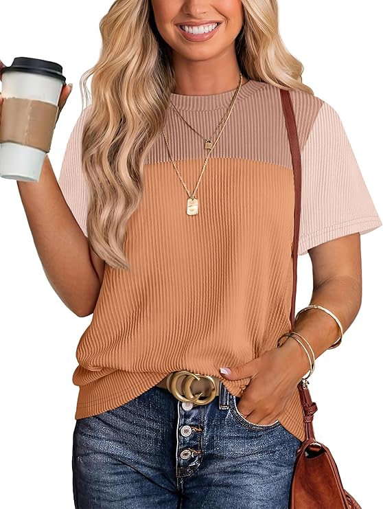 Women’s Color Block Knit Top – Short Sleeve Crew Neck Casual Spring Summer Shirt
