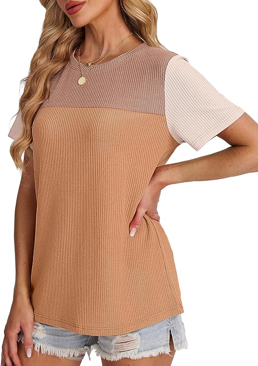 Women’s Color Block Knit Top – Short Sleeve Crew Neck Casual Spring Summer Shirt