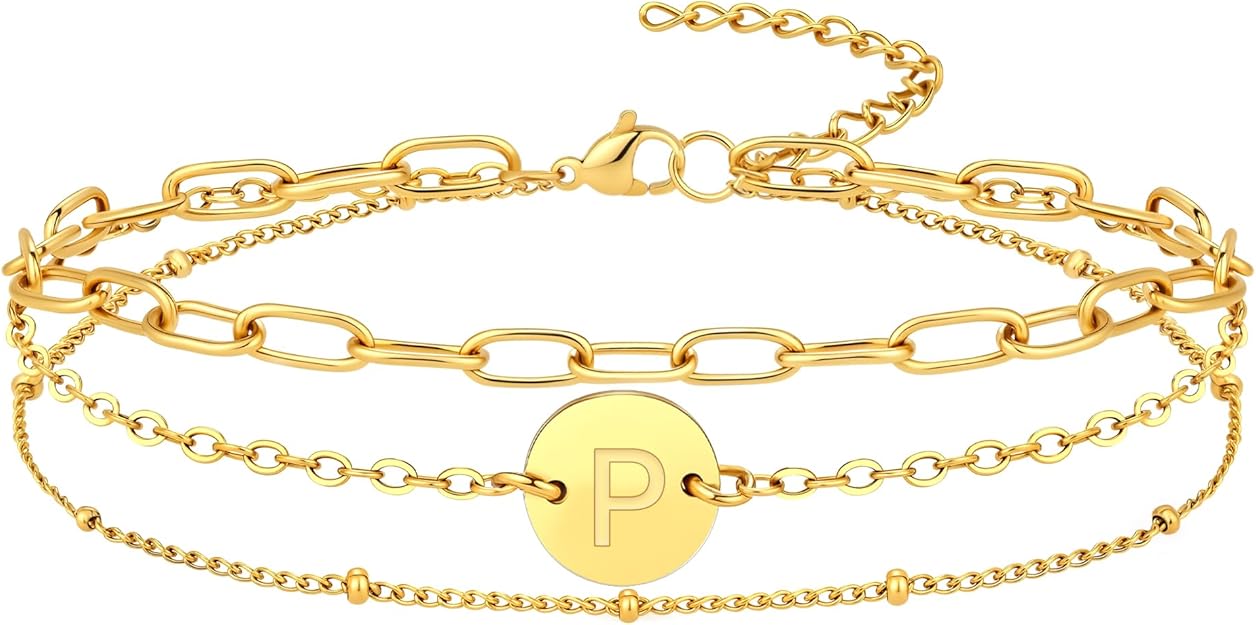Gold Initial Bracelet – 18K Gold Plated Letter Charm Bracelet for Women