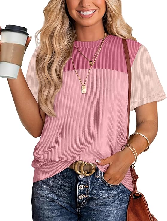 Women’s Color Block Knit Top – Short Sleeve Crew Neck Casual Spring Summer Shirt
