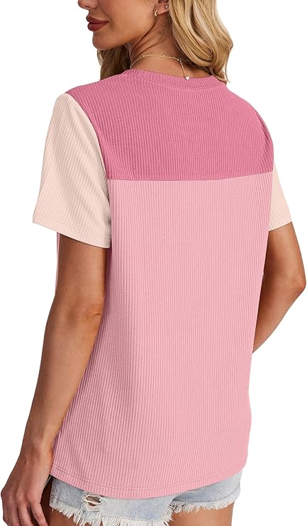 Women’s Color Block Knit Top – Short Sleeve Crew Neck Casual Spring Summer Shirt