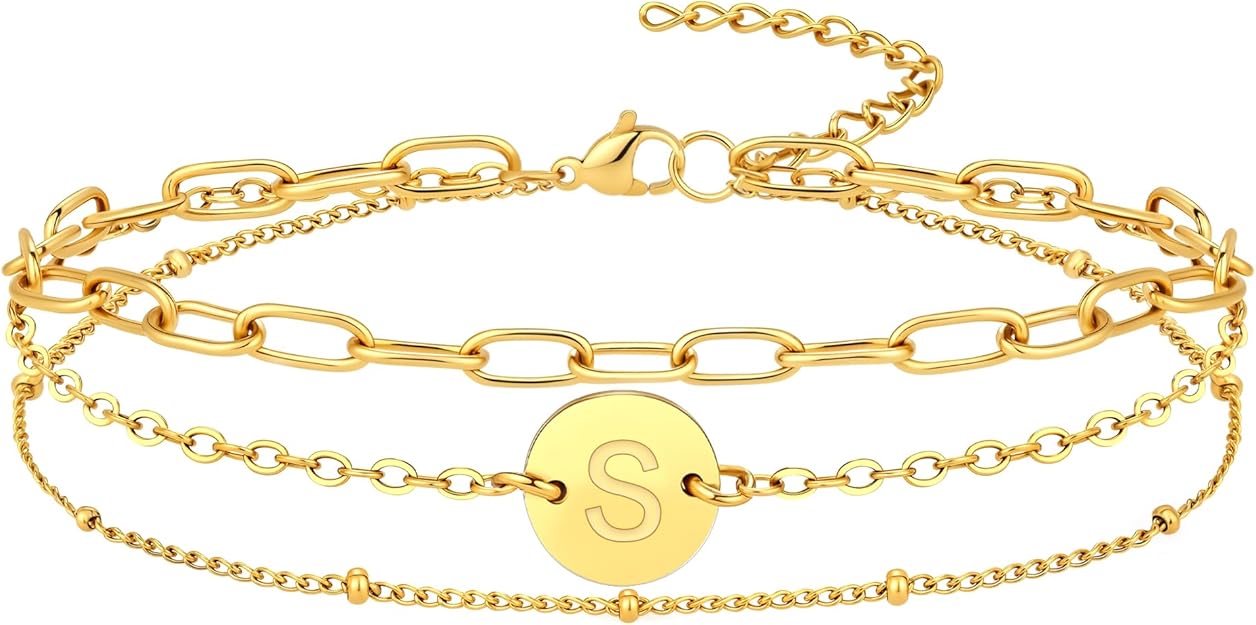 Gold Initial Bracelet – 18K Gold Plated Letter Charm Bracelet for Women