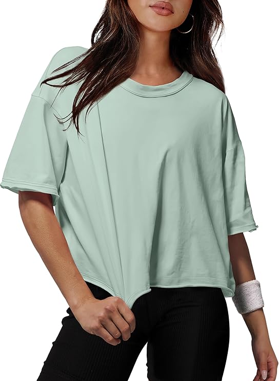 Women’s Oversized Cotton Crop T-Shirt – Drop Shoulder Round Neck Workout Tee