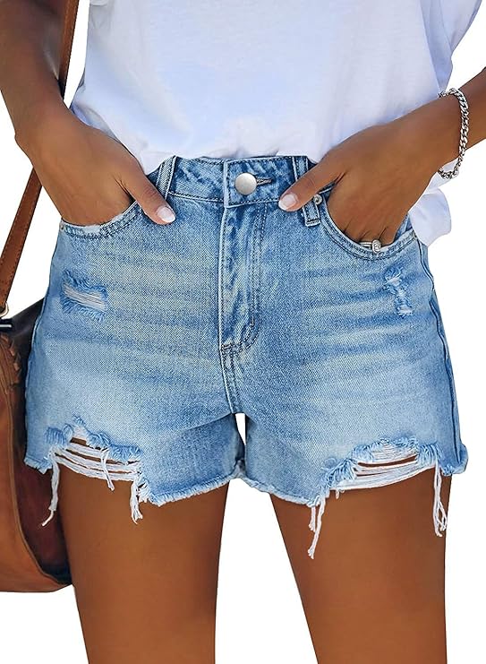 Women’s High-Waisted Stretch Denim Jean Shorts – Ripped Summer Shorts with Pockets