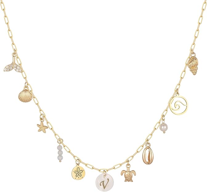 Gold Initial Charm Necklace – Dainty Shell & Starfish Letter Pendant for Women